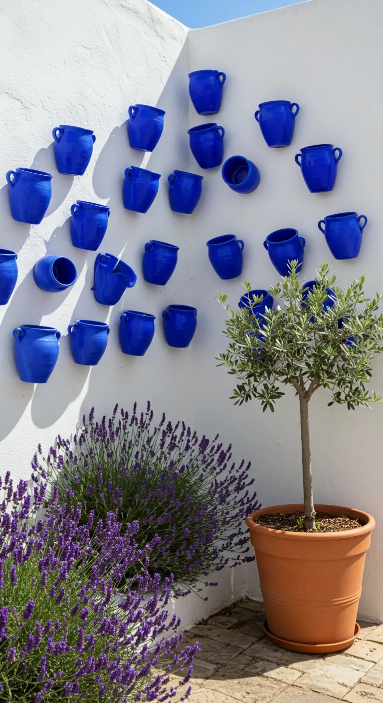 Pared blanca con una instalación de pequeñas macetas de cerámica azul colgadas de forma asimétrica