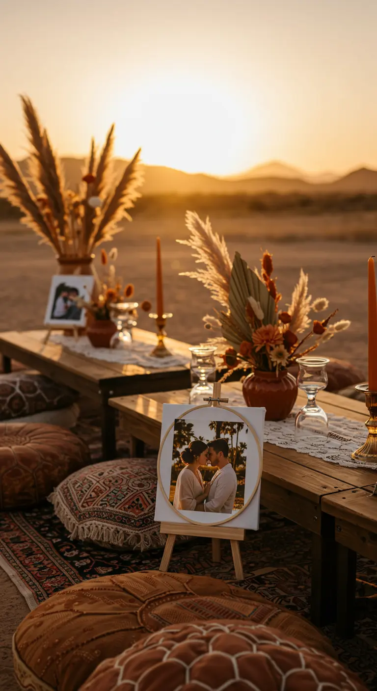 Foto de la pareja en un bastidor de bordado, sobre una mesa baja con cojines y flores secas.