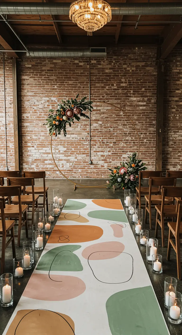 Pasillo de boda pintado a mano con formas abstractas en tonos tierra y verdes.