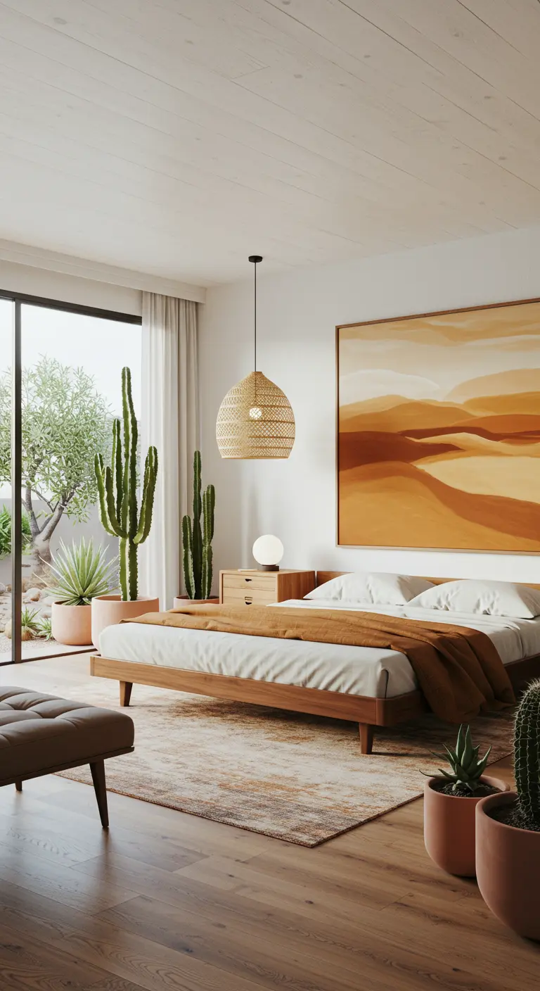 Dormitorio luminoso con un gran cuadro de un paisaje desértico sobre la cama y un cactus alto