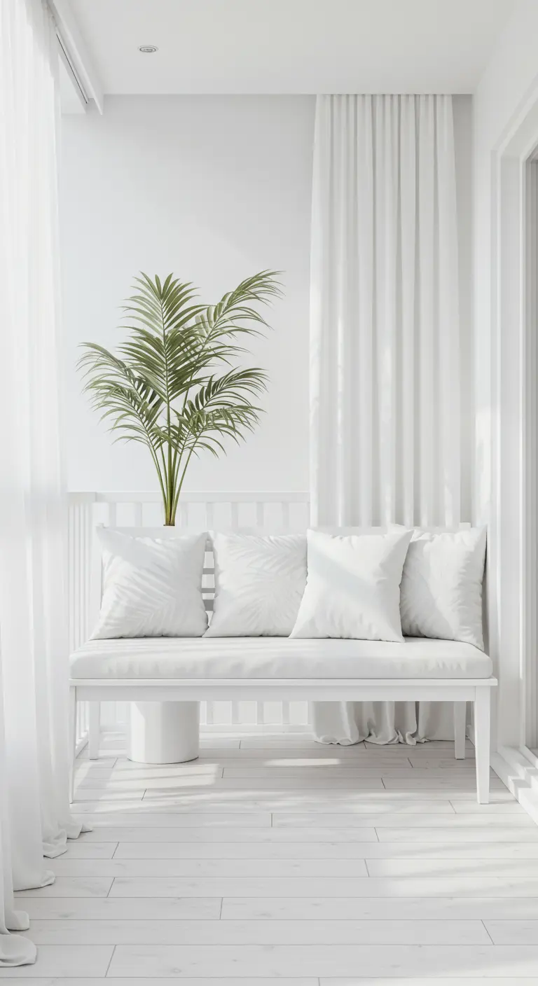 Balcón minimalista y luminoso todo en blanco con un banco y una palmera