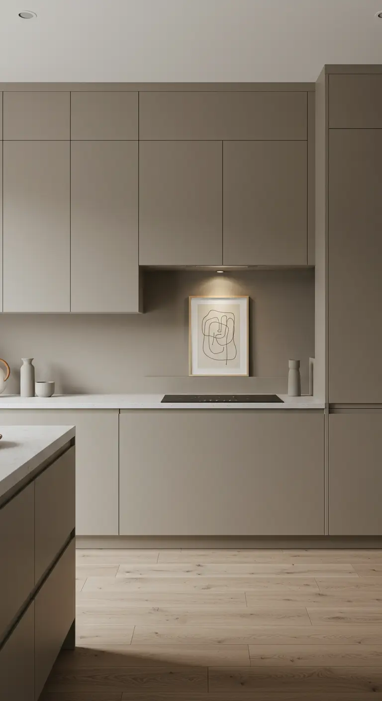 Cocina minimalista en tonos topo con un nicho iluminado que exhibe un cuadro abstracto