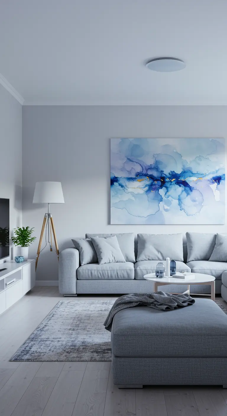 Sala de estar minimalista en tonos grises claros con un gran cuadro abstracto con toques dorados.