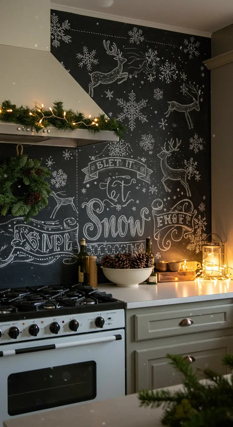 Cocina decorada para Navidad con una pared de pizarra llena de dibujos de copos de nieve, renos y la frase 'Let it Snow'.