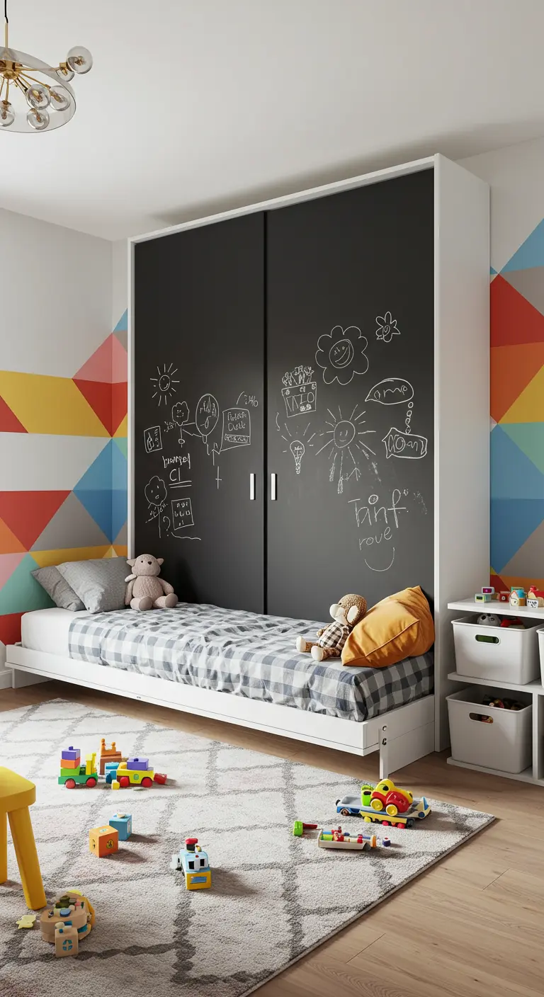 Cama abatible para niños con puertas de pizarra para dibujar.