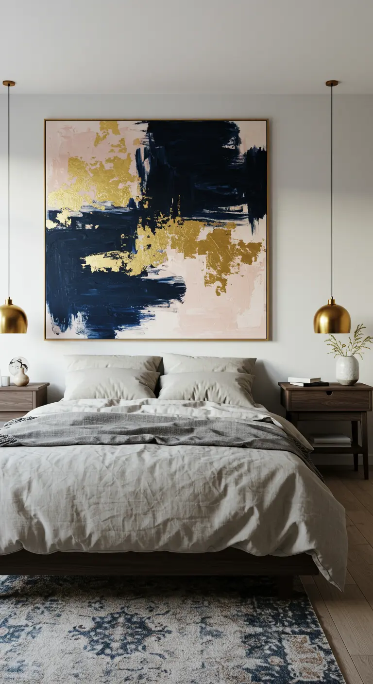 Gran cuadro abstracto en azul, rosa y dorado sobre una cama con ropa de cama gris.