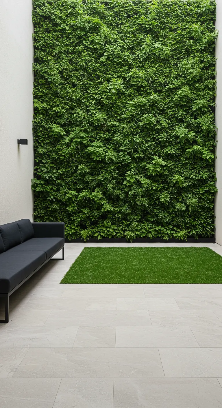 Pared completamente cubierta por un jardín vertical frondoso junto a un sofá minimalista.