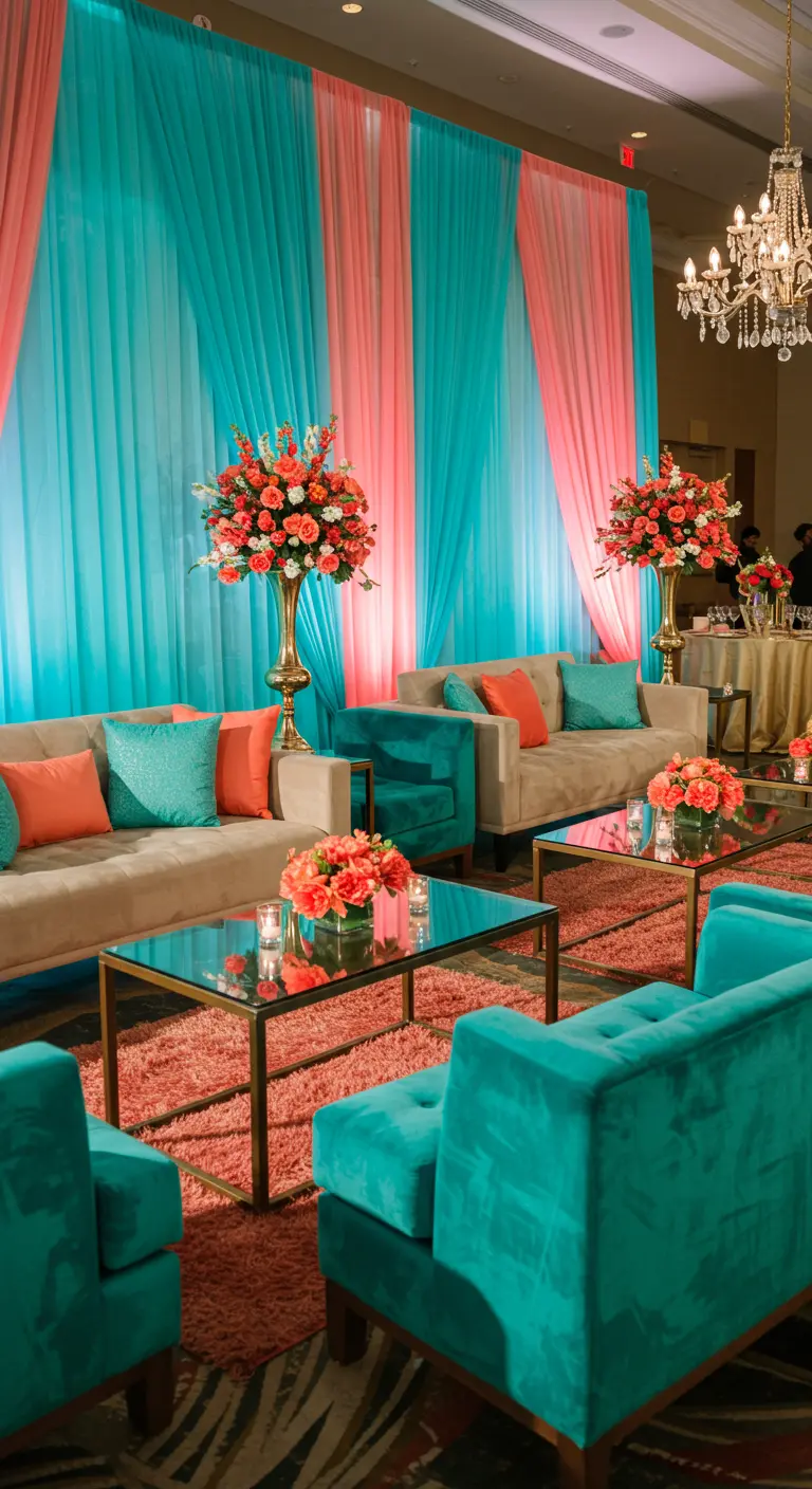 Zona lounge de una fiesta con sofás de terciopelo turquesa y una decoración de telas en coral.