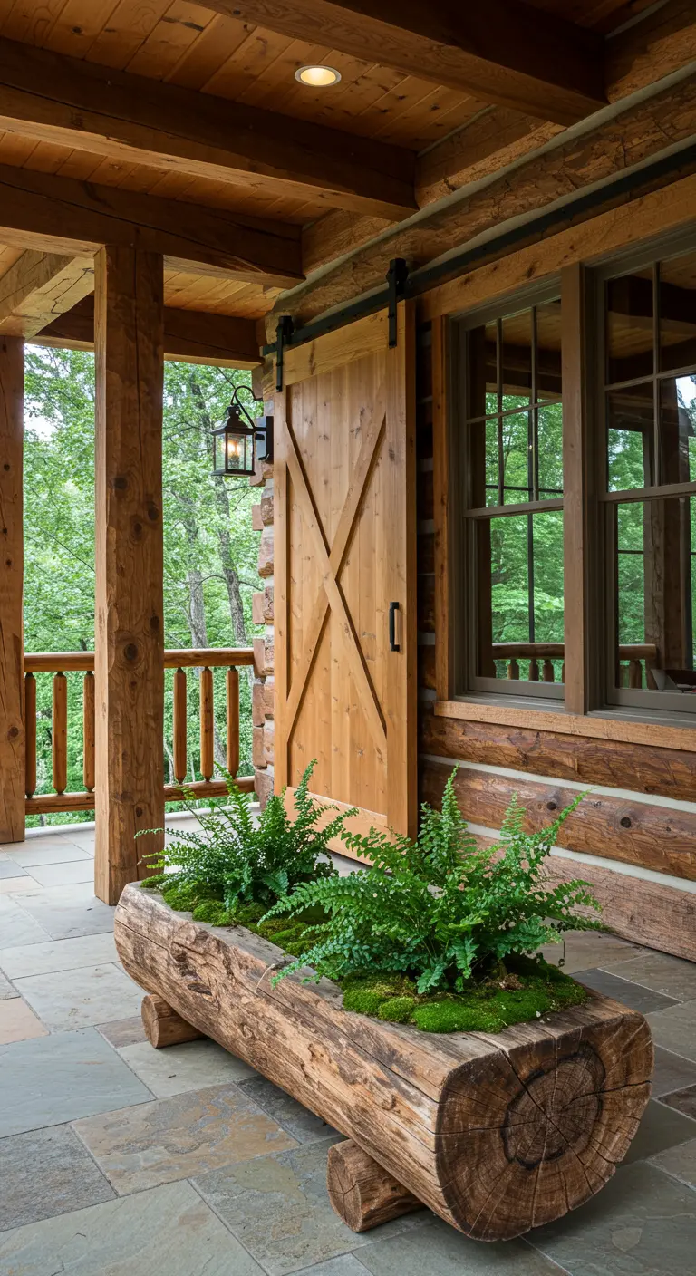 Macetero hecho con un tronco de árbol ahuecado, lleno de helechos, en un porche de piedra.