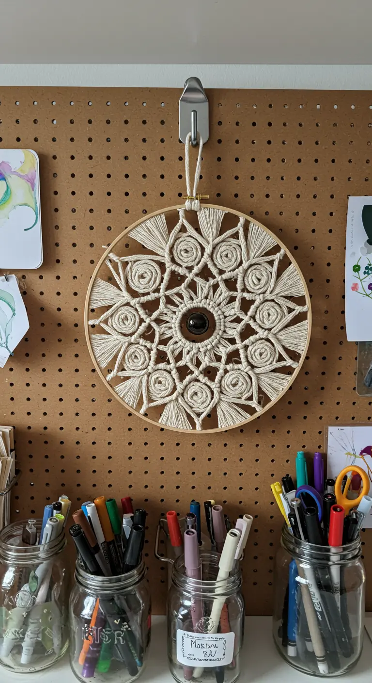 Mandala de macramé en un bastidor de madera colgado de un tablero perforado sobre un escritorio.