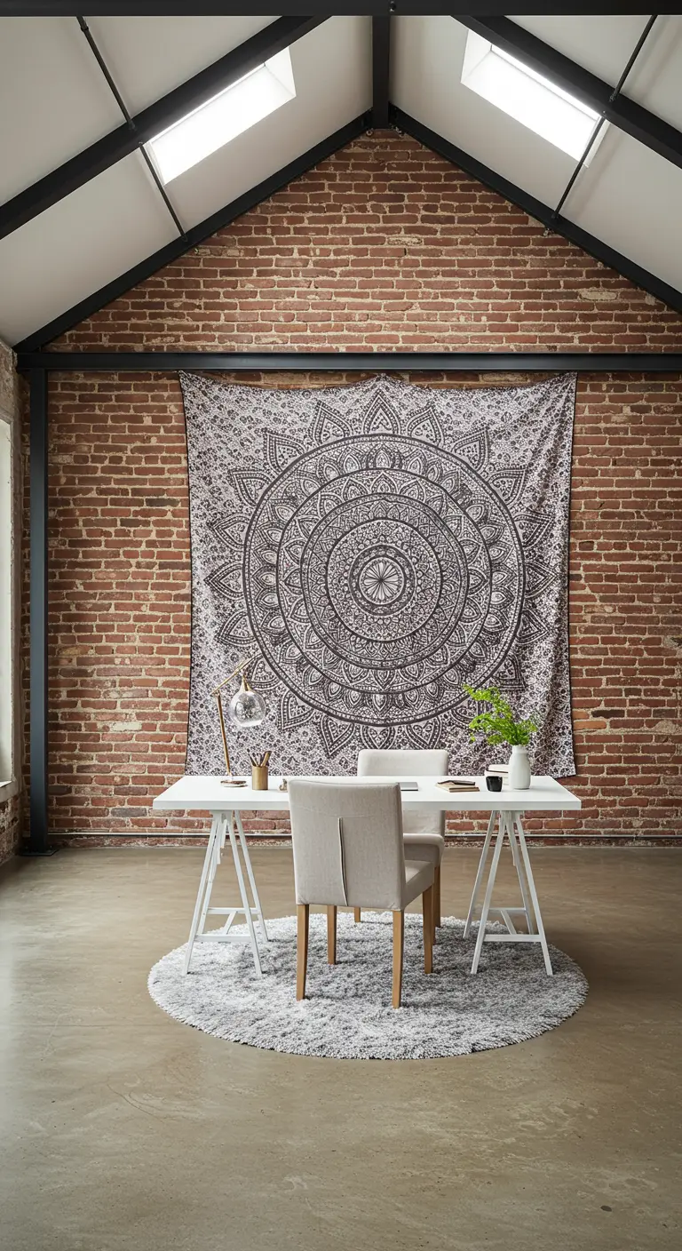 Espacio de trabajo tipo loft con pared de ladrillo y un gran tapiz de mandala en blanco y negro.