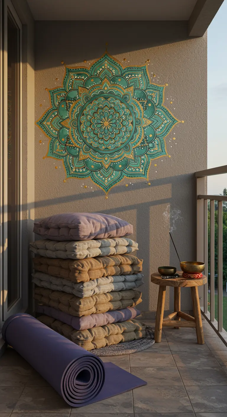Balcón de meditación con un gran mandala pintado en la pared en tonos turquesa y dorado.