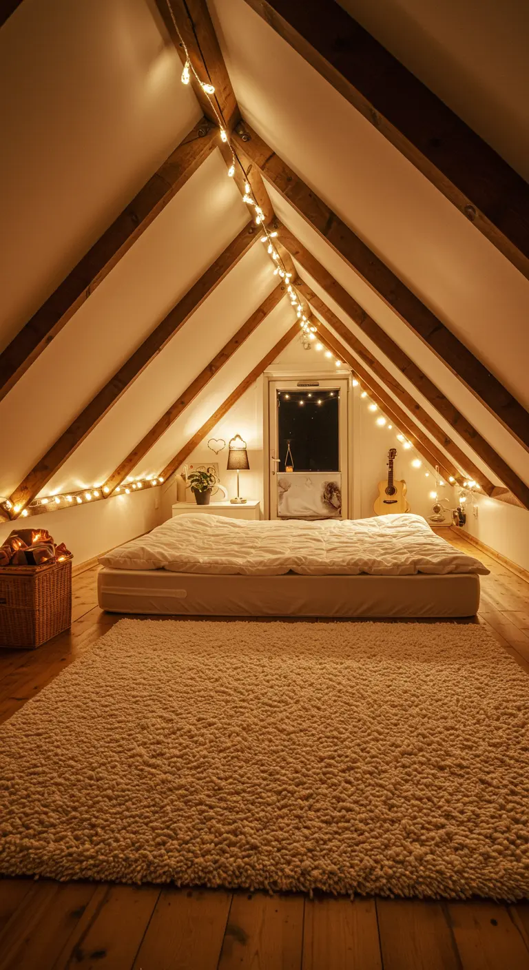 Ático acogedor con una gran alfombra de pelo largo en color crema y guirnaldas de luces.