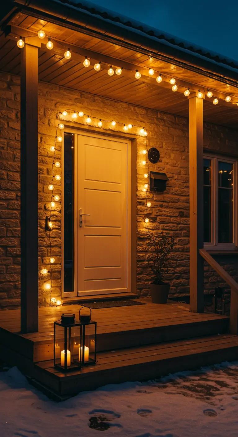 Porche de madera iluminado por la noche con una guirnalda de luces cálidas y farolillos en el suelo.