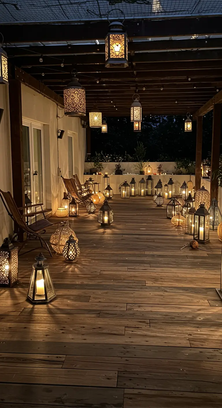 Terraza de madera iluminada exclusivamente por una gran cantidad de faroles de diferentes estilos en el suelo