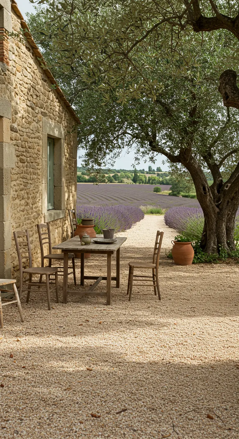 Patio de grava con una mesa de madera rústica bajo un olivo y vistas a un campo de lavanda.