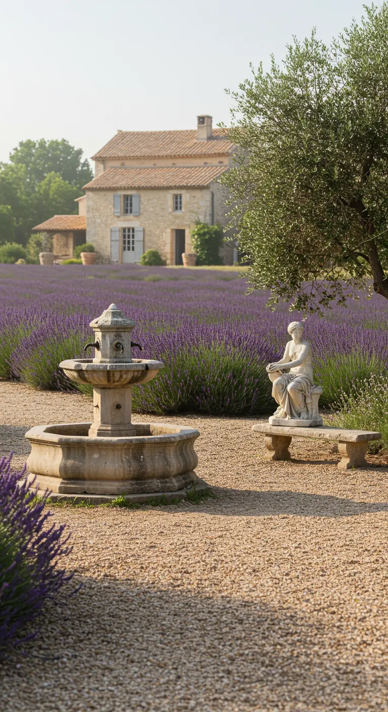 Fuente de piedra y escultura clásica en un campo de lavanda frente a una casa de campo.