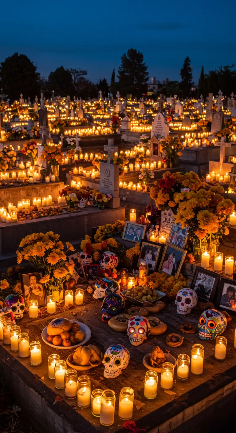 Cementerio de noche iluminado por cientos de velas, con ofrendas de calaveras y flores.