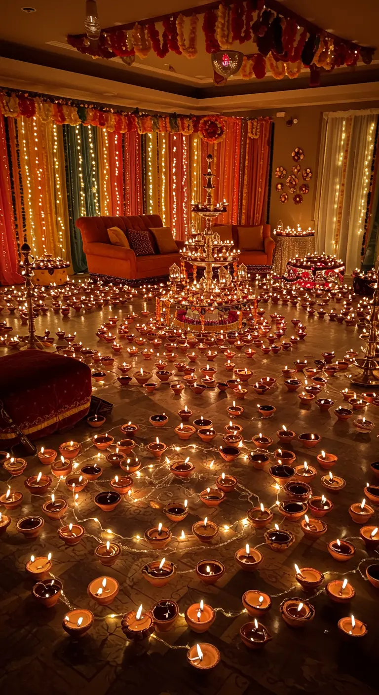 Habitación a oscuras iluminada por cientos de pequeñas lámparas de aceite dispuestas en el suelo.