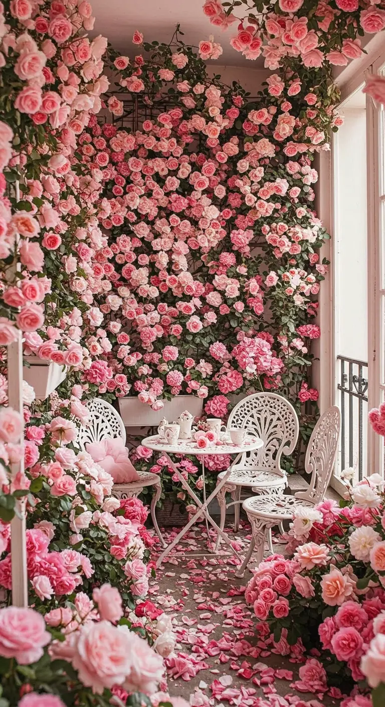 Un pequeño balcón completamente cubierto de rosas de color rosa, con una mesa y sillas de hierro forjado blanco.