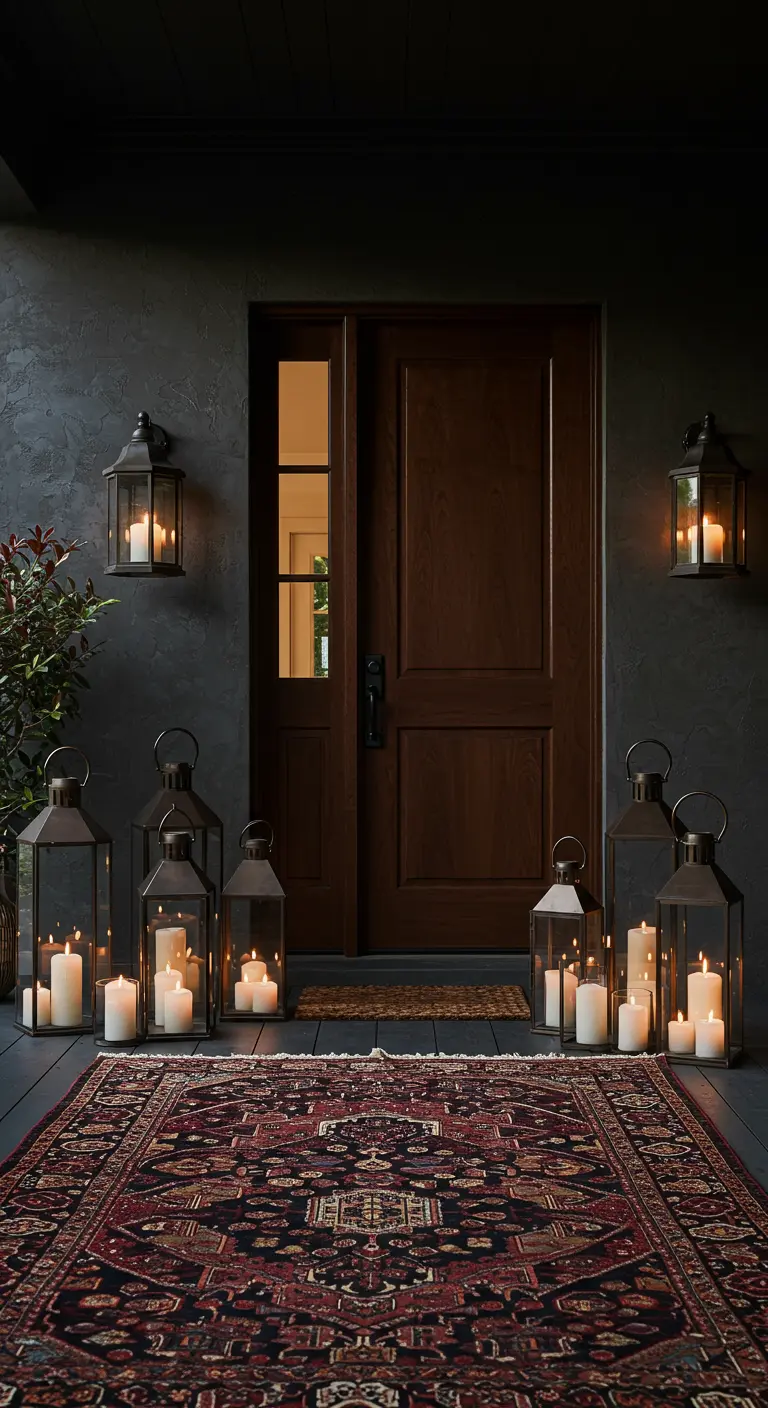Entrada oscura con una gran alfombra persa y una docena de faroles negros con velas encendidas en el suelo