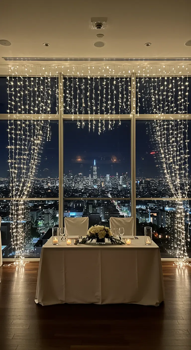 Mesa principal de boda frente a un gran ventanal con vistas a la ciudad y cortinas de luces.