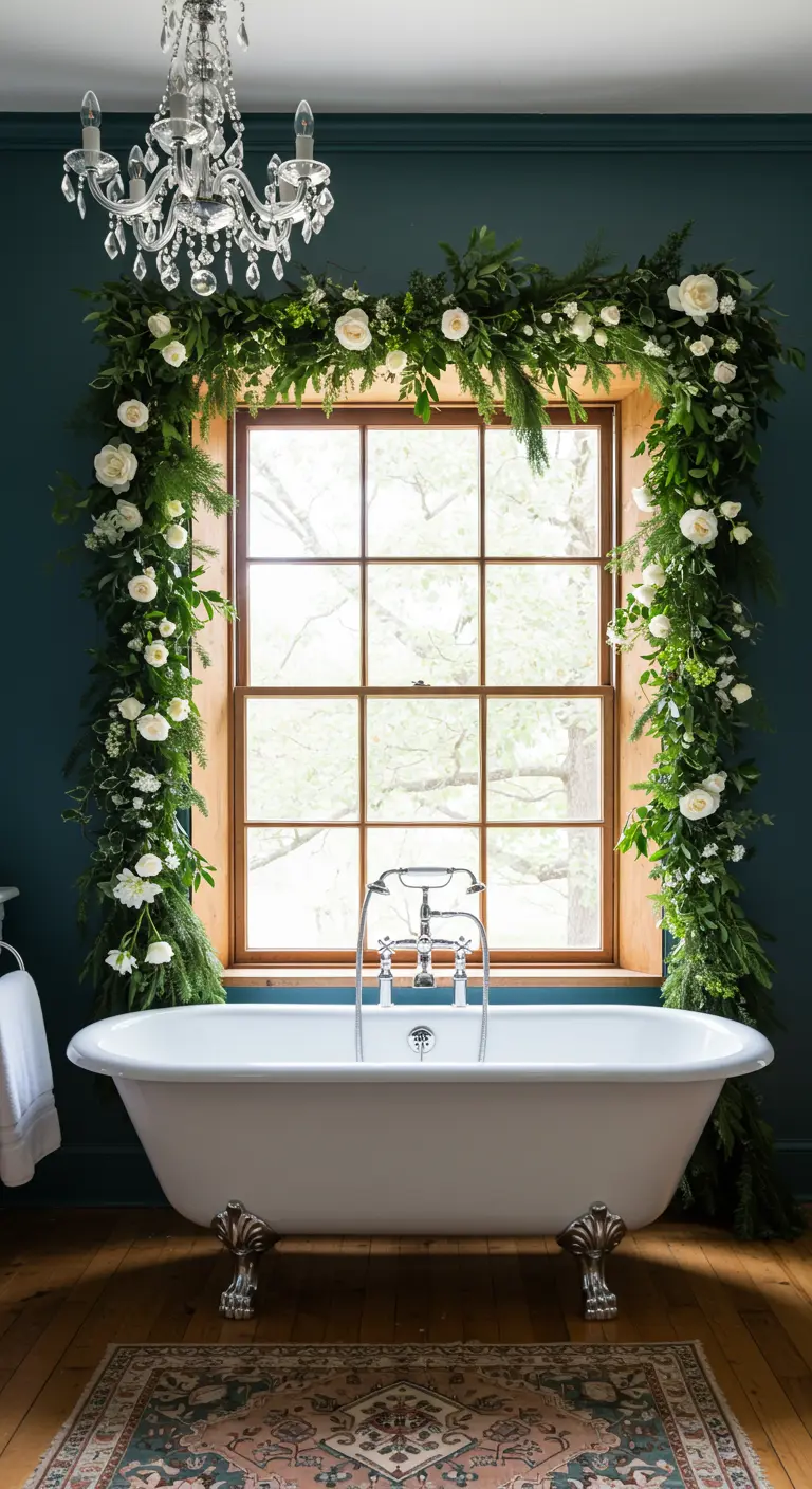 Bañera clásica frente a una gran ventana enmarcada por una guirnalda de hojas verdes y rosas blancas.