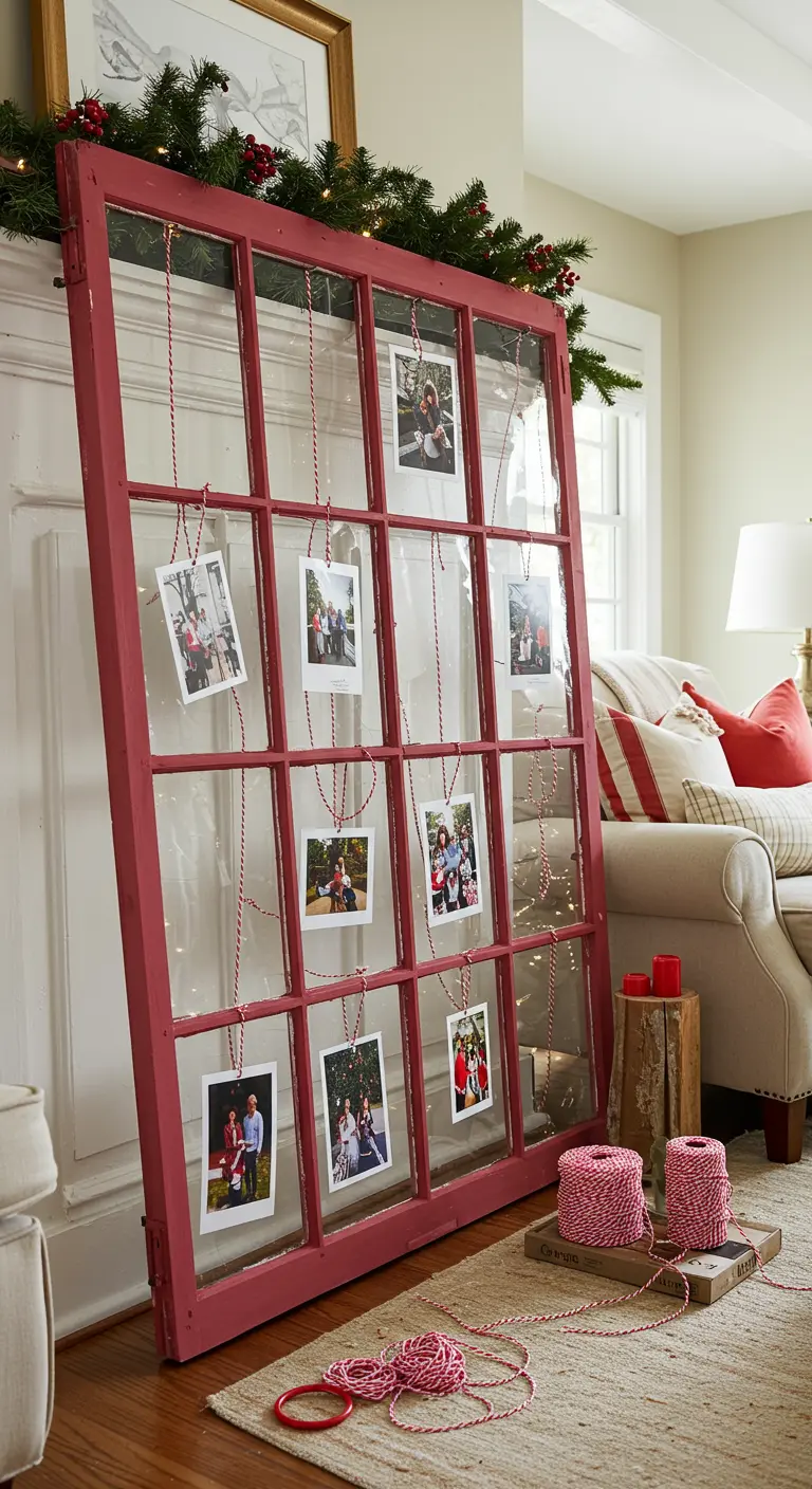 Ventana pintada de rojo y decorada para Navidad con fotos colgando de hilos.