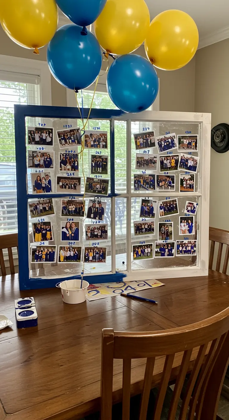 Marco de ventana pintado de azul y blanco para una fiesta de graduación, lleno de fotos escolares.