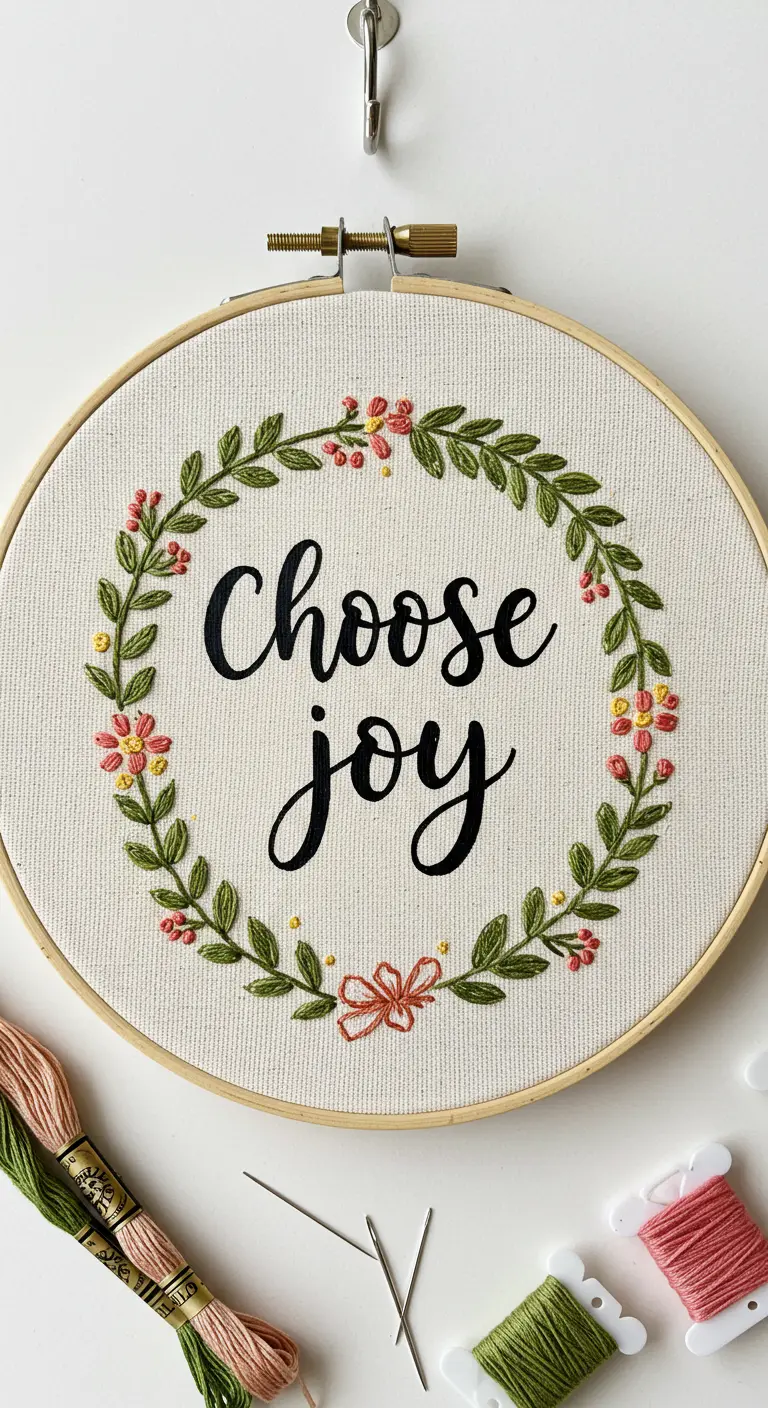 Bastidor de bordado con la frase 'Choose joy' rodeada por una corona de flores bordadas.