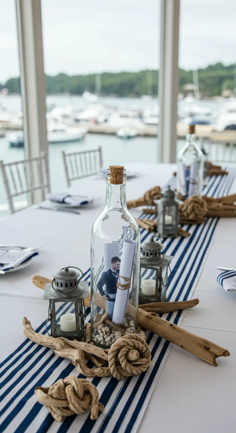 Centro de mesa náutico con una foto enrollada dentro de una botella, rodeada de madera y cuerda.