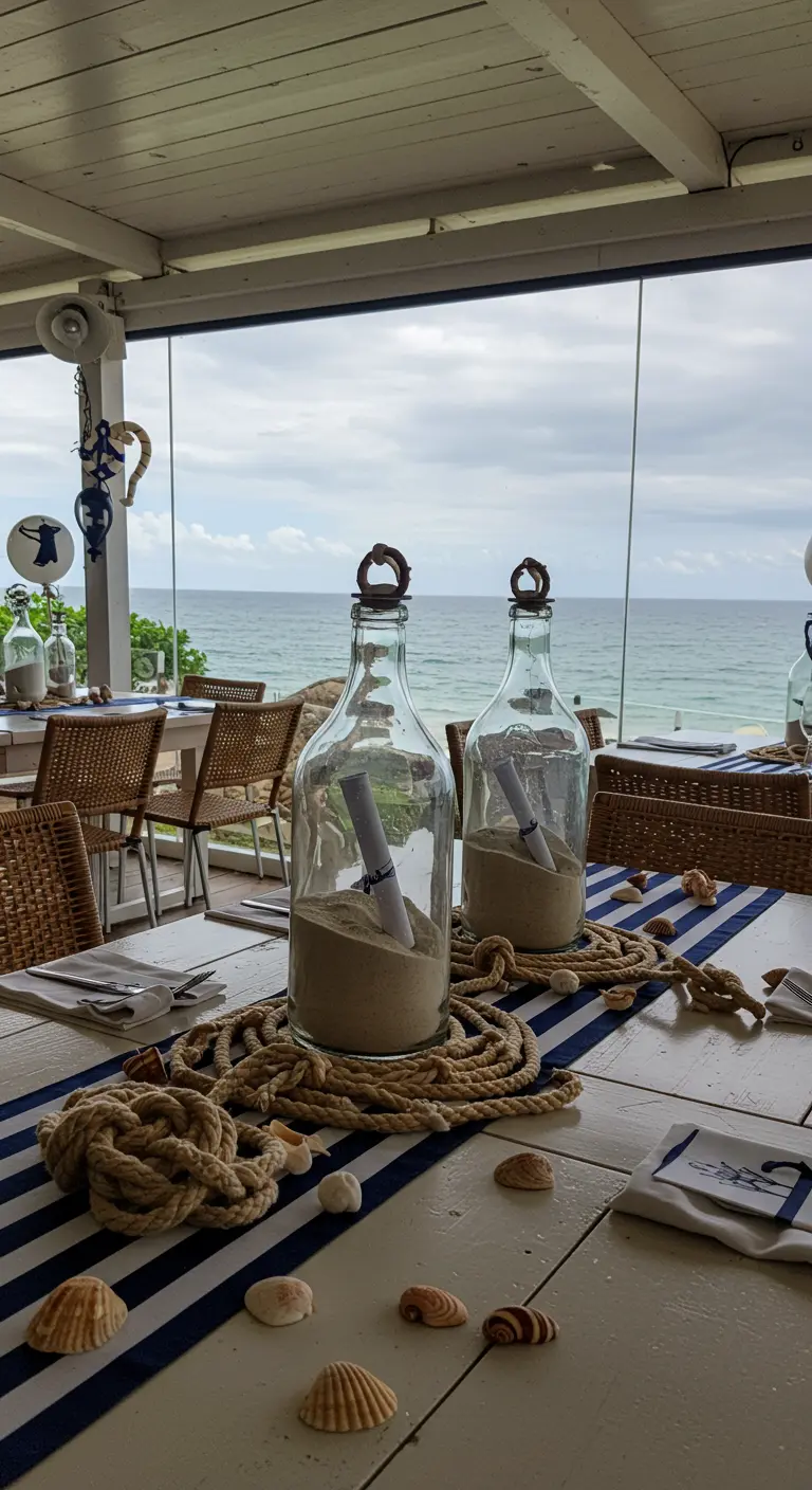 Centro de mesa náutico con botellas de vidrio llenas de arena y una foto enrollada dentro.