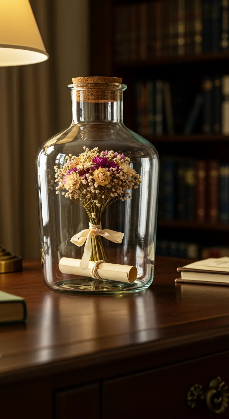 Botella de vidrio grande con un ramo de flores secas y un pergamino enrollado en su interior, sobre un escritorio.
