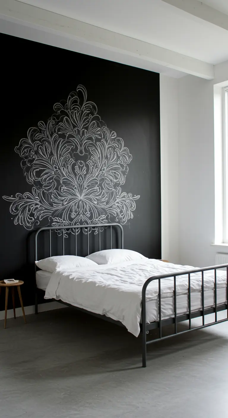 Un intrincado diseño de mandala dibujado con tiza blanca sobre una pared pintada de negro detrás de la cama