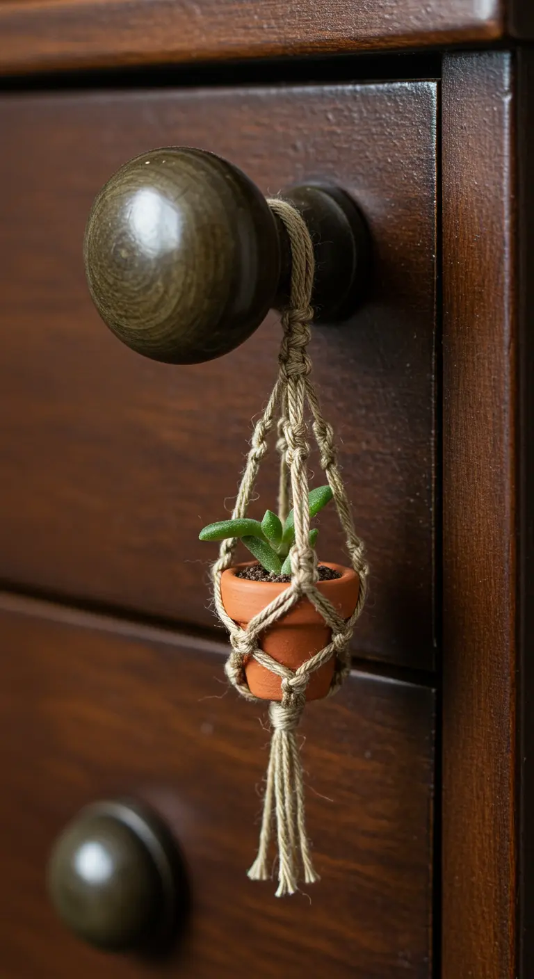 Mini colgador de macramé con una maceta diminuta de terracota, colgado del pomo de un cajón de madera.