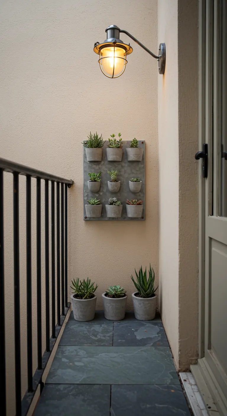 Pequeño jardín vertical con suculentas en una pared de balcón iluminado por un aplique.