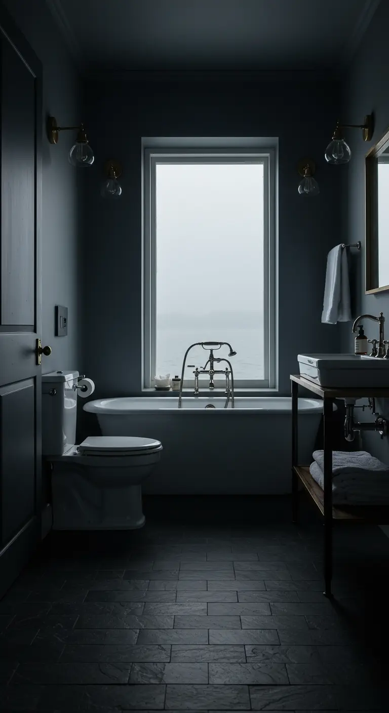 Baño en tonos grises con una bañera junto a una ventana vertical con vistas al mar.