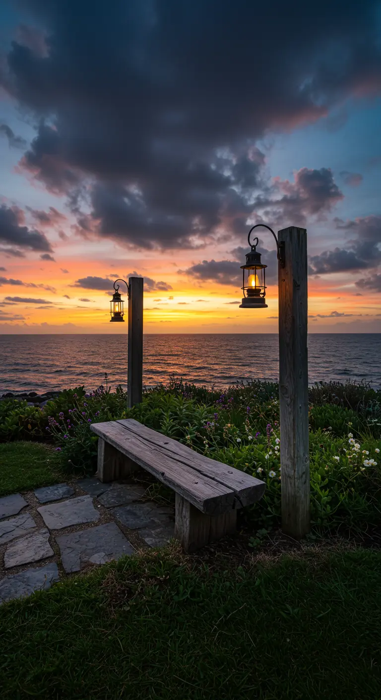 Banco de madera rústico frente al mar al atardecer, flanqueado por dos postes con faroles antiguos