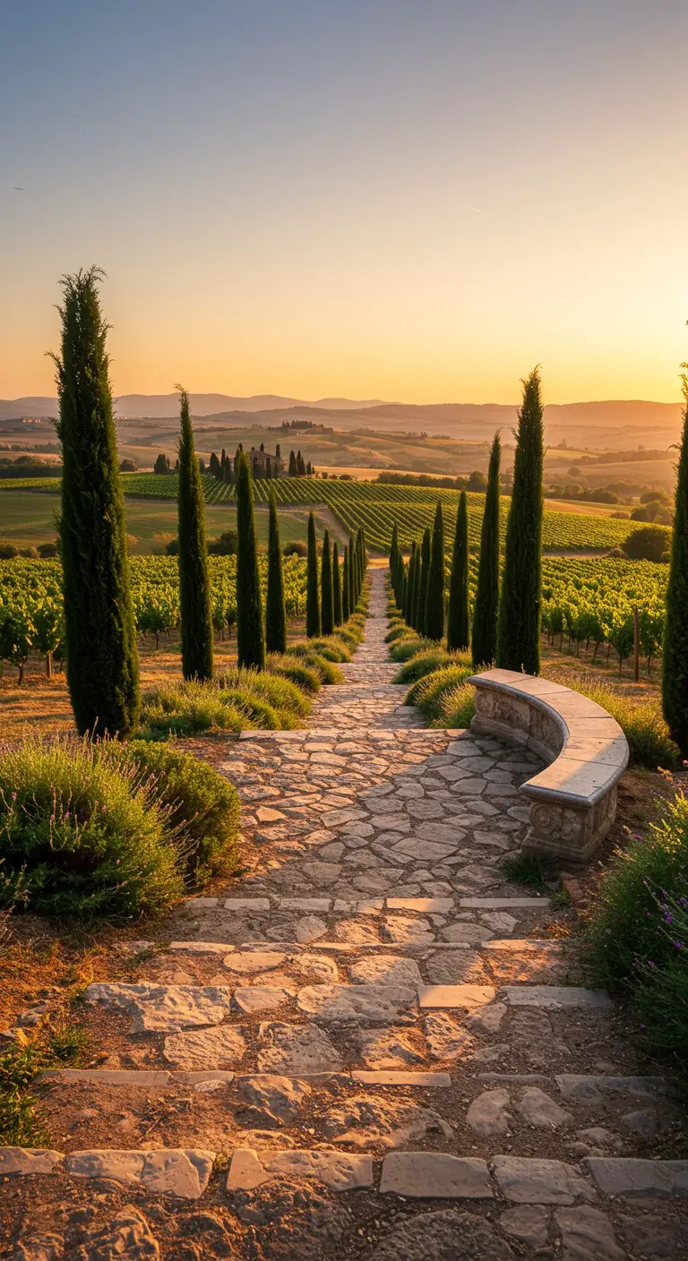 Camino de piedra rústico en una colina toscana con un banco curvo y cipreses.