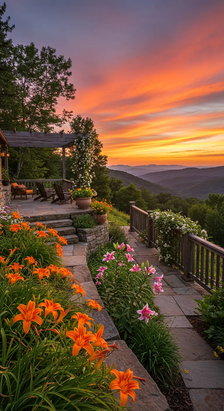 Terraza de piedra con vistas a las montañas al atardecer, con lirios naranjas y rosas en primer plano.
