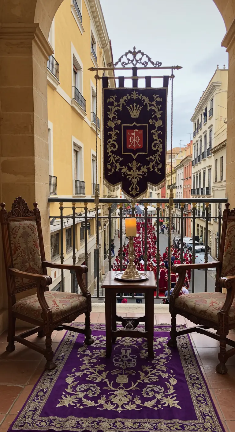 Balcón decorado con alfombra y estandarte morado, con vistas a un desfile.