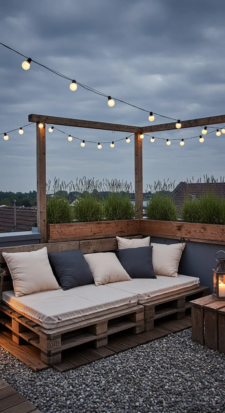 Terraza en una azotea con un sofá de palets, cojines grises y blancos, y luces sobre una estructura de madera