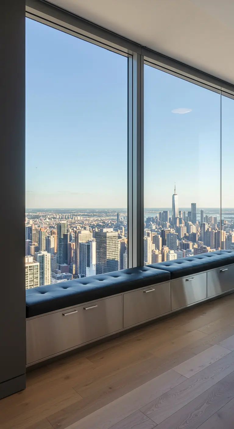 Banco minimalista con vistas a un skyline urbano, con tapizado oscuro y almacenamiento inferior.