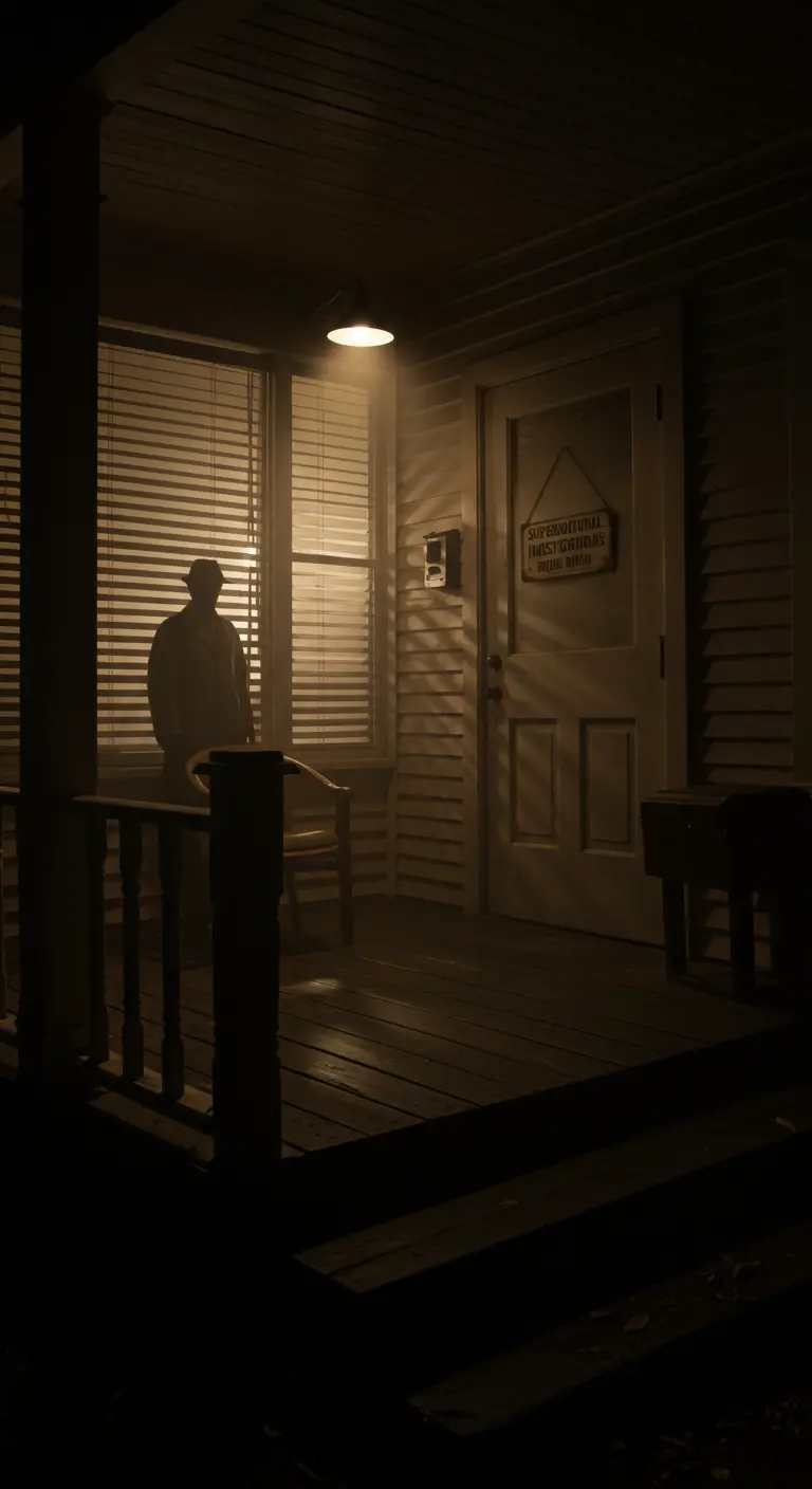 Silueta de un hombre con sombrero en un porche oscuro, iluminado con luz dura y sombras de persiana.