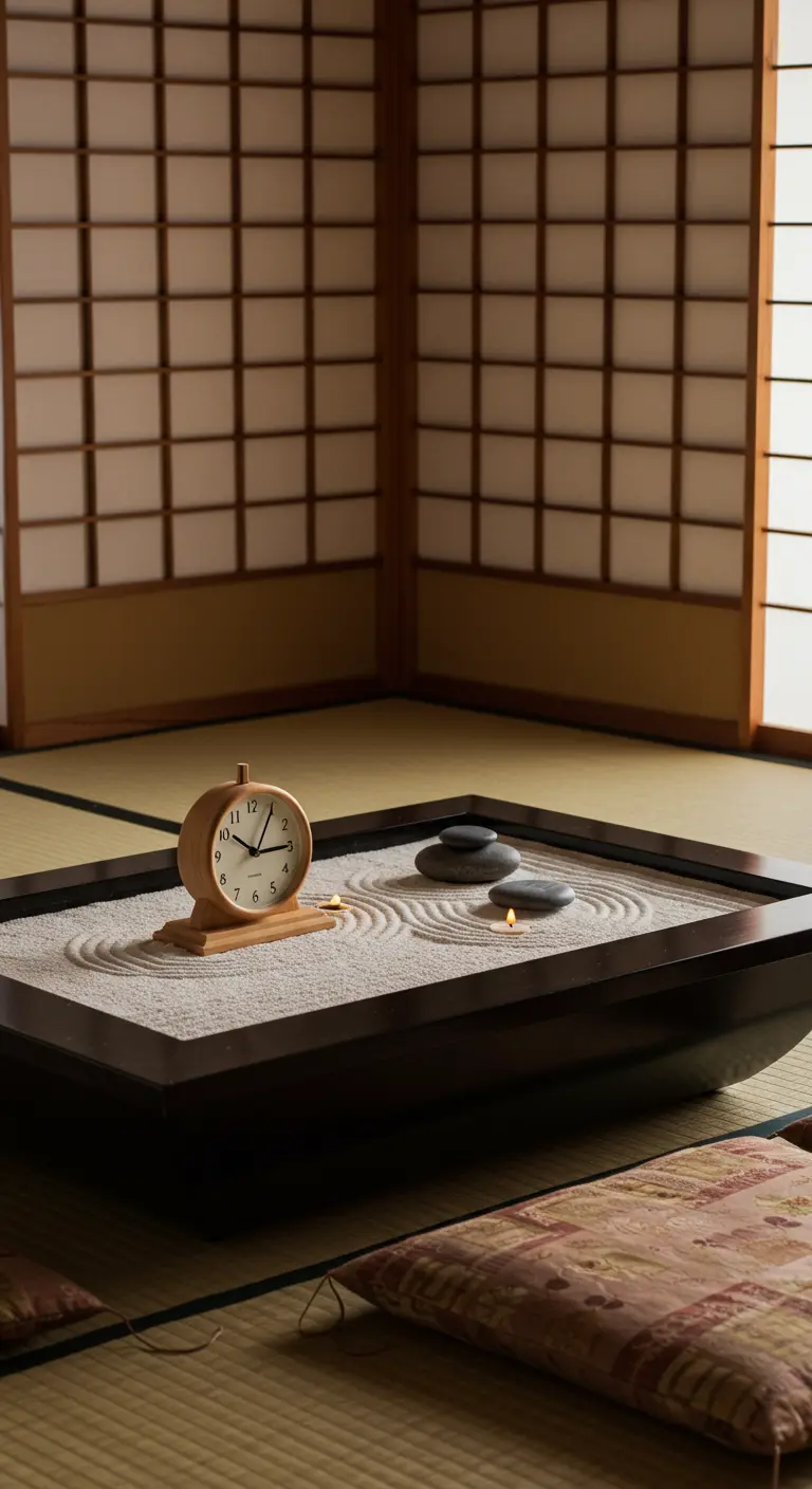 Jardín zen en miniatura con un reloj de madera, piedras y una vela.