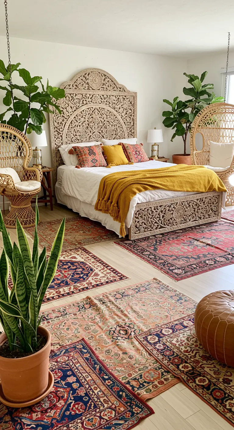 Dormitorio ecléctico con un cabecero de madera tallada y múltiples alfombras persas superpuestas