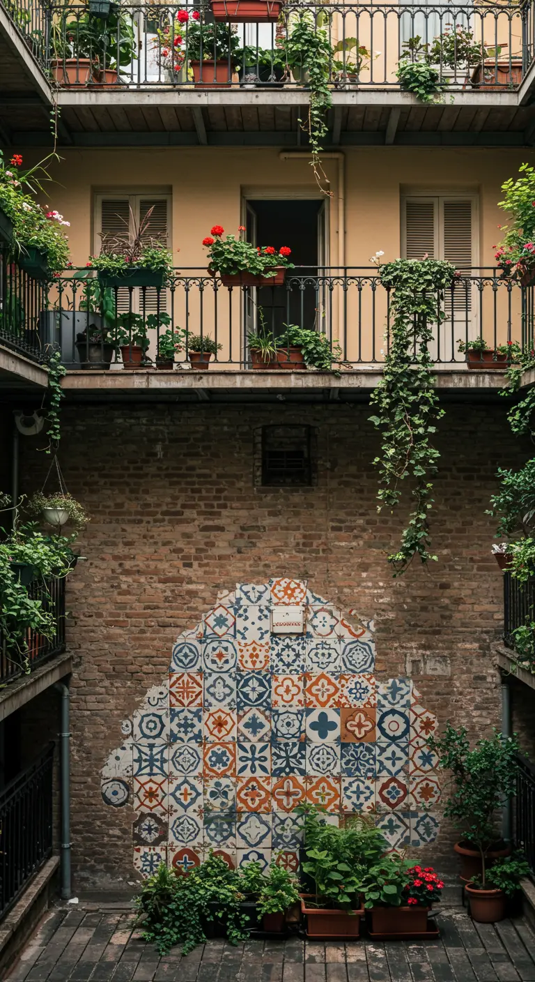 Patio interior con una pared de ladrillo decorada con un gran mosaico de azulejos de diferentes colores y patrones.