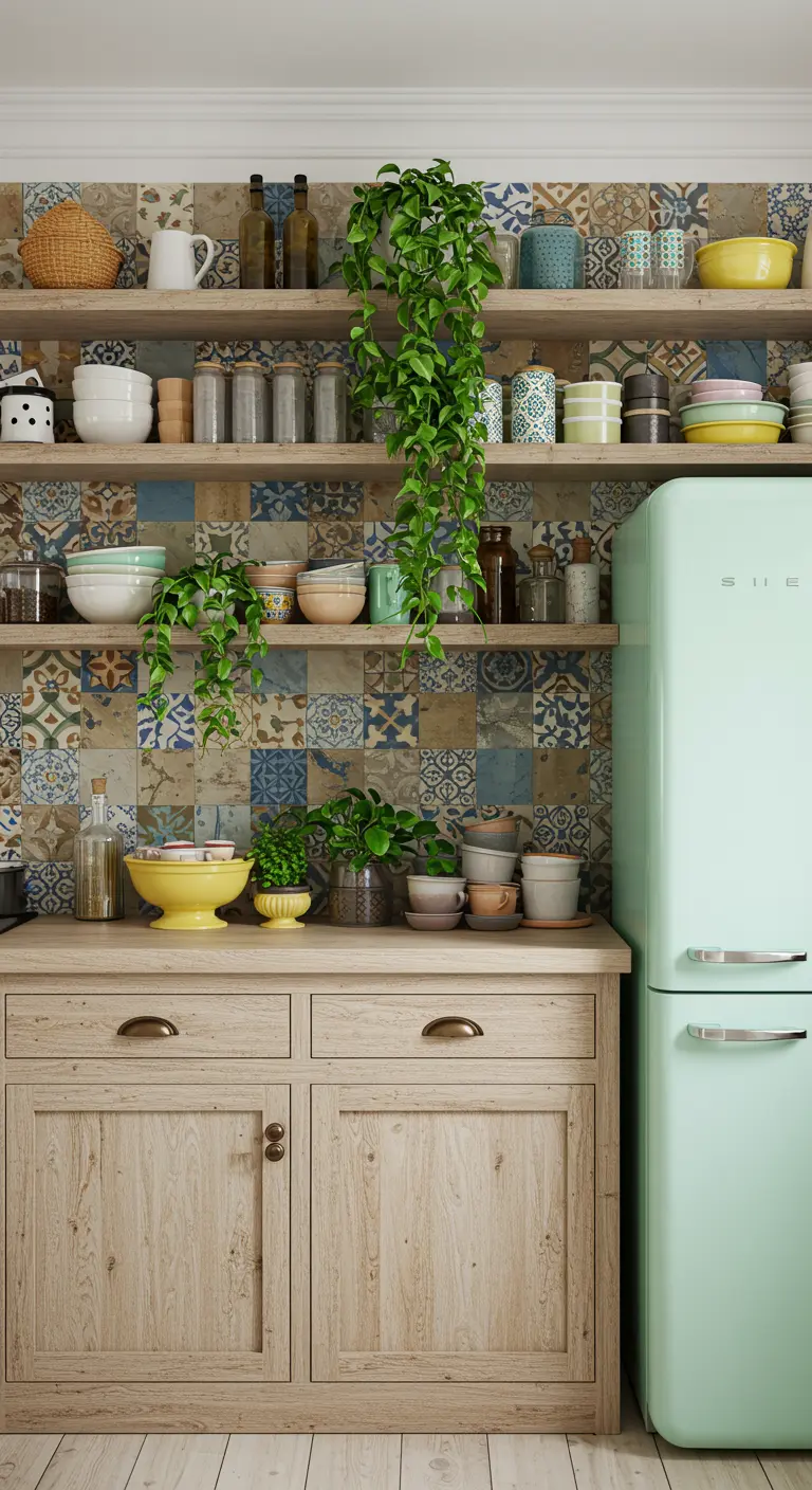 Cocina bohemia con pared de azulejos hidráulicos, estantes de madera y frigorífico retro color menta.