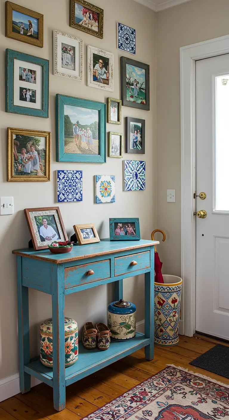 Pared de recibidor con una galería ecléctica de fotos familiares y azulejos de cerámica decorativa.