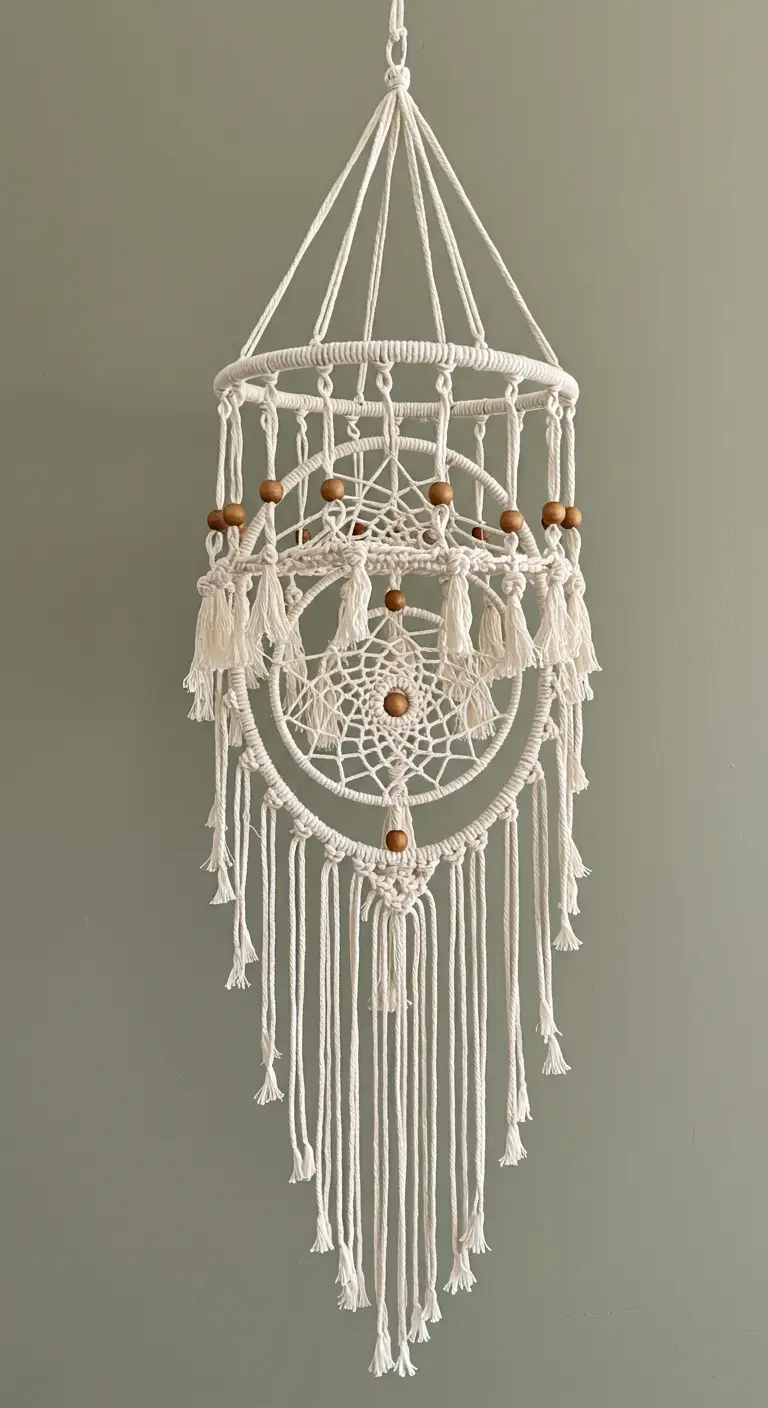 Atrapasueños de macramé blanco de varios niveles estilo candelabro con cuentas de madera y borlas.